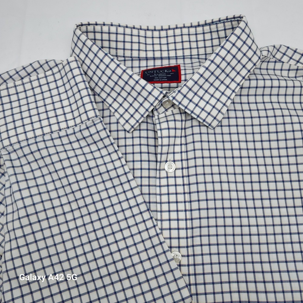 UNTUCKit Fenton-WF Slim Fit‎ Wrinkle Free Cotton Shirt Mens XL White Navy Check